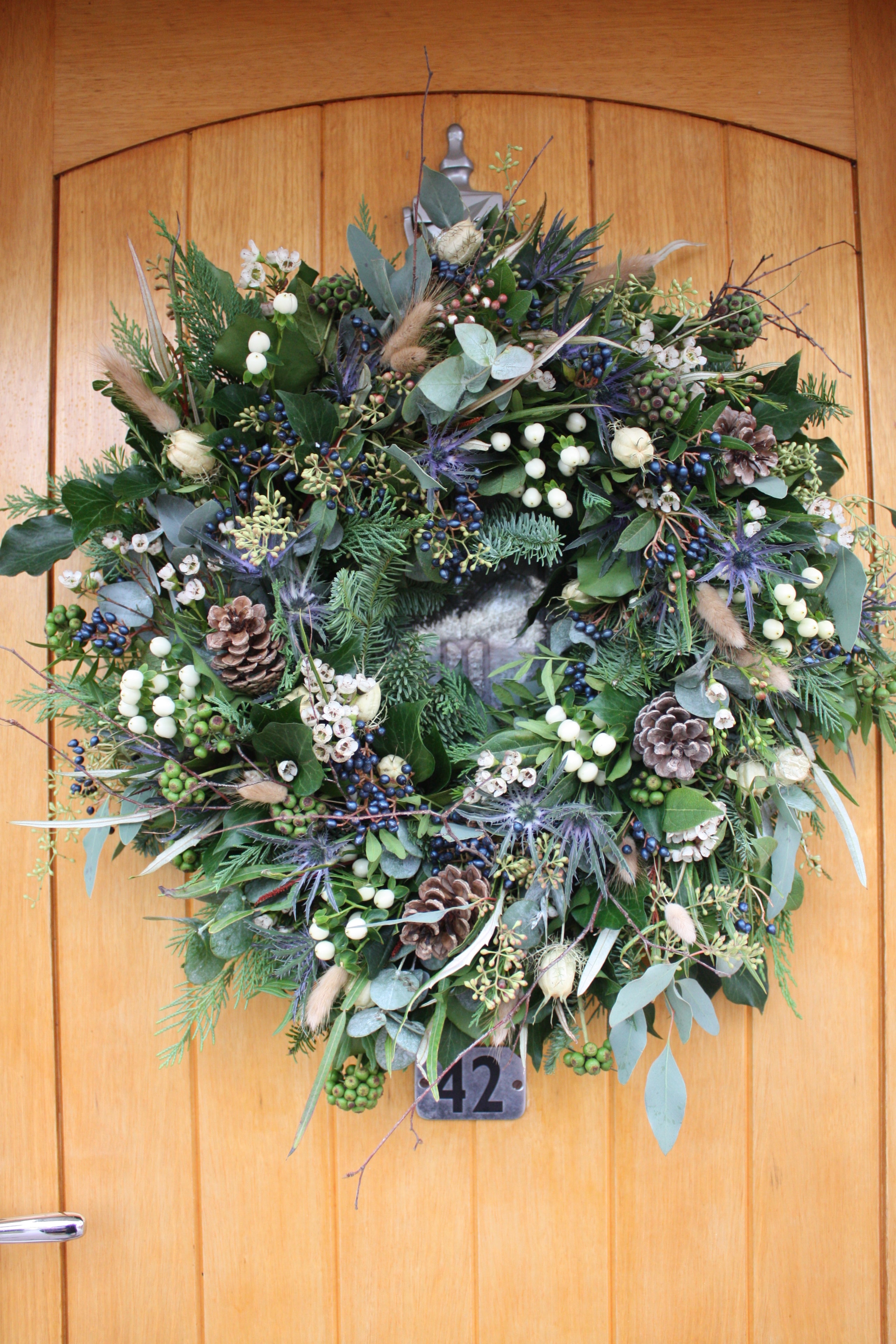 Blue and white winter wreath overhead