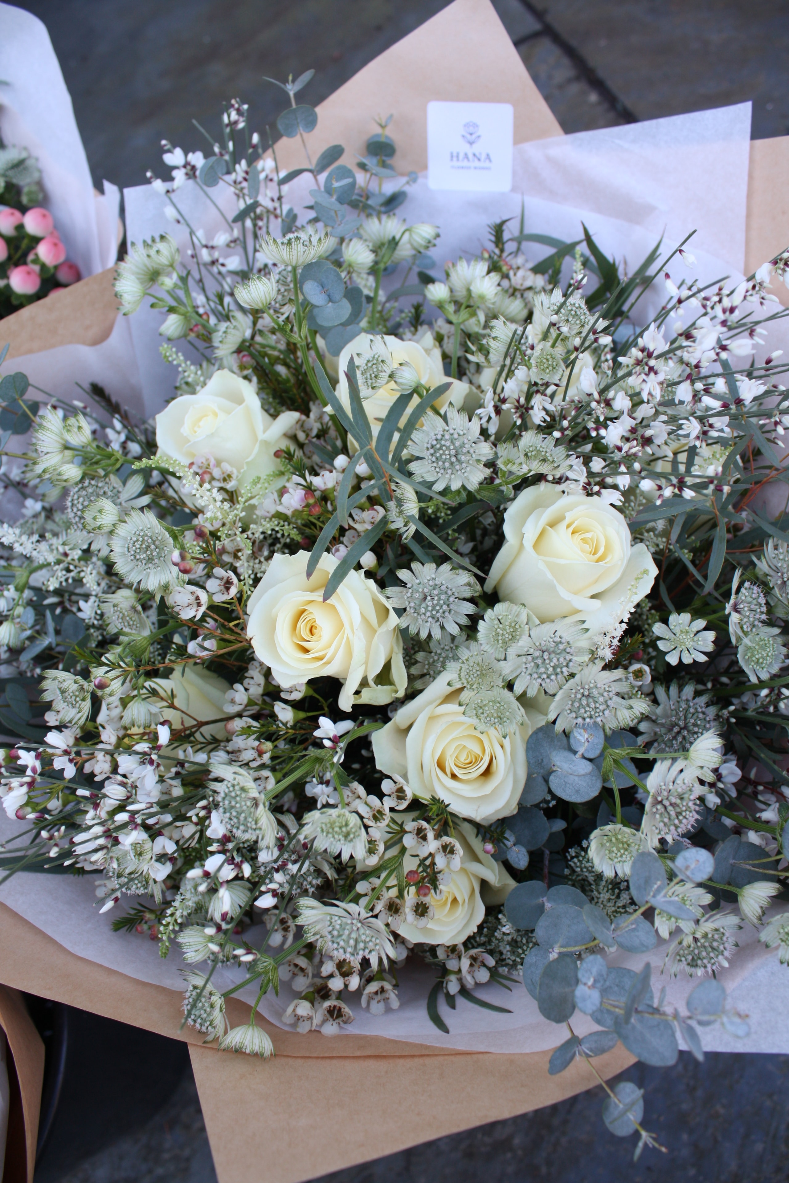 White rose and astrantia bouquet