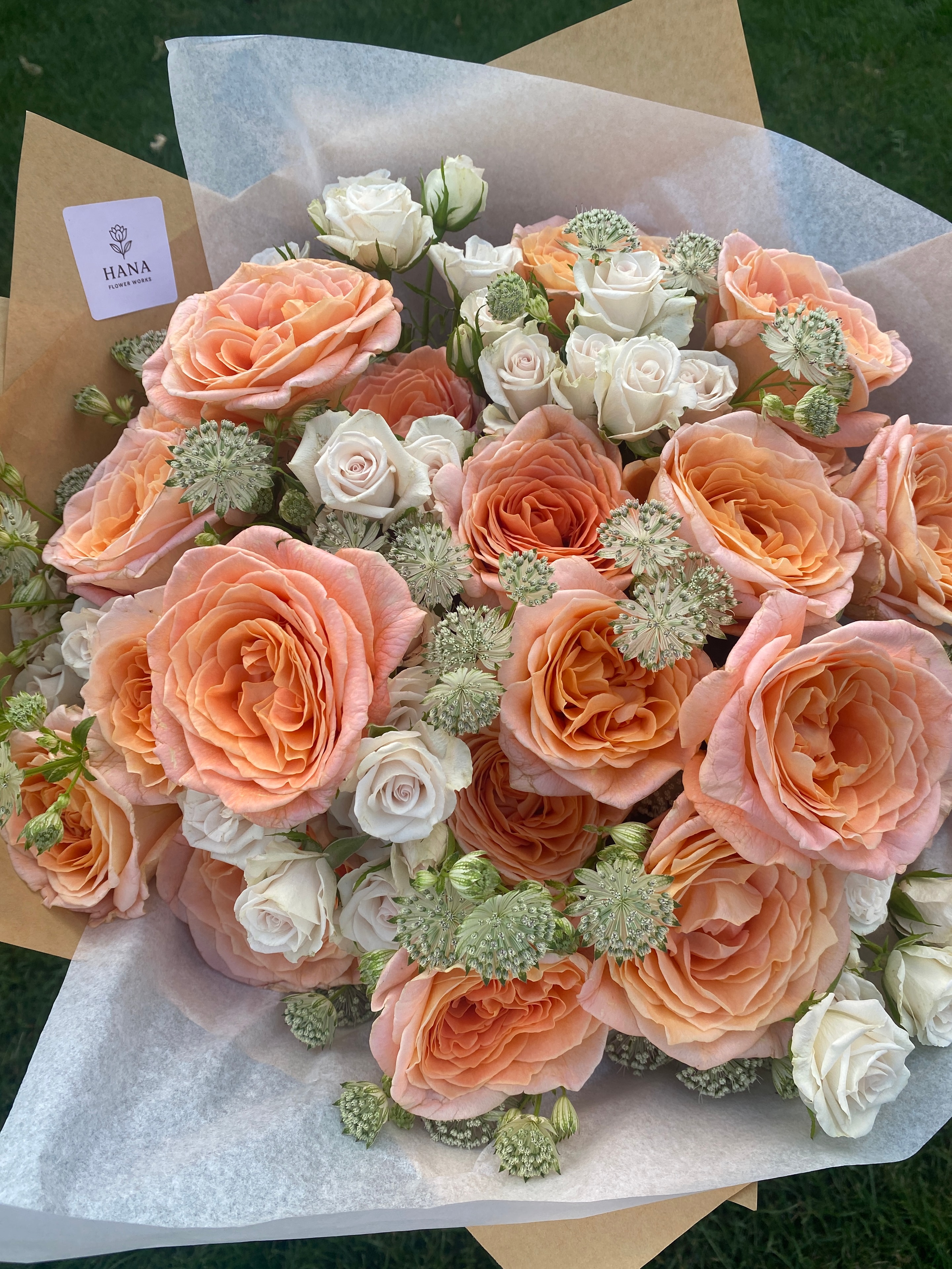 Peach rose and astrantia bouquet